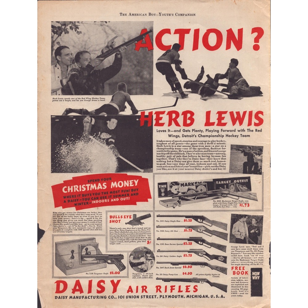 Vintage 1930s Daisy Air Rifles Herb Lewis Detroit Red Wings Print Advertisement